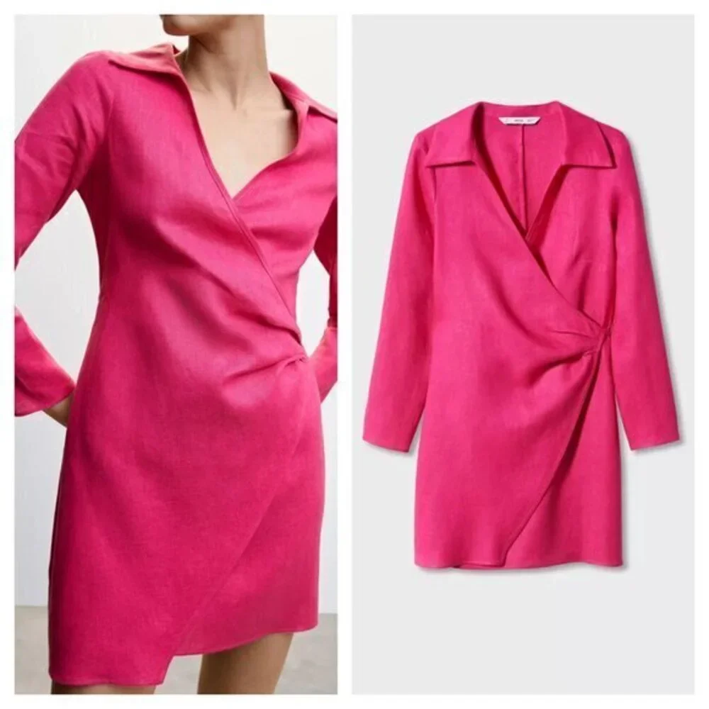 Mango 100% Linen Fuchsia/Barbie Pink Collared Wrap Dress 12